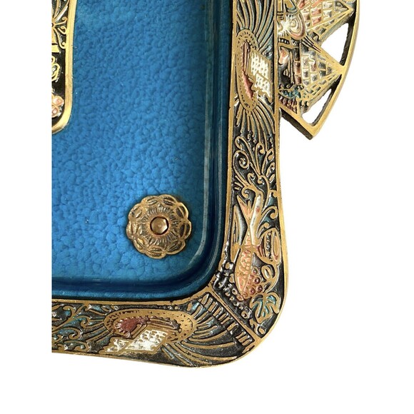 Mid Century Enamel on Brass Carved Footed Tray Dish Bowl Isreal fish wine grapes - Picture 2 of 16